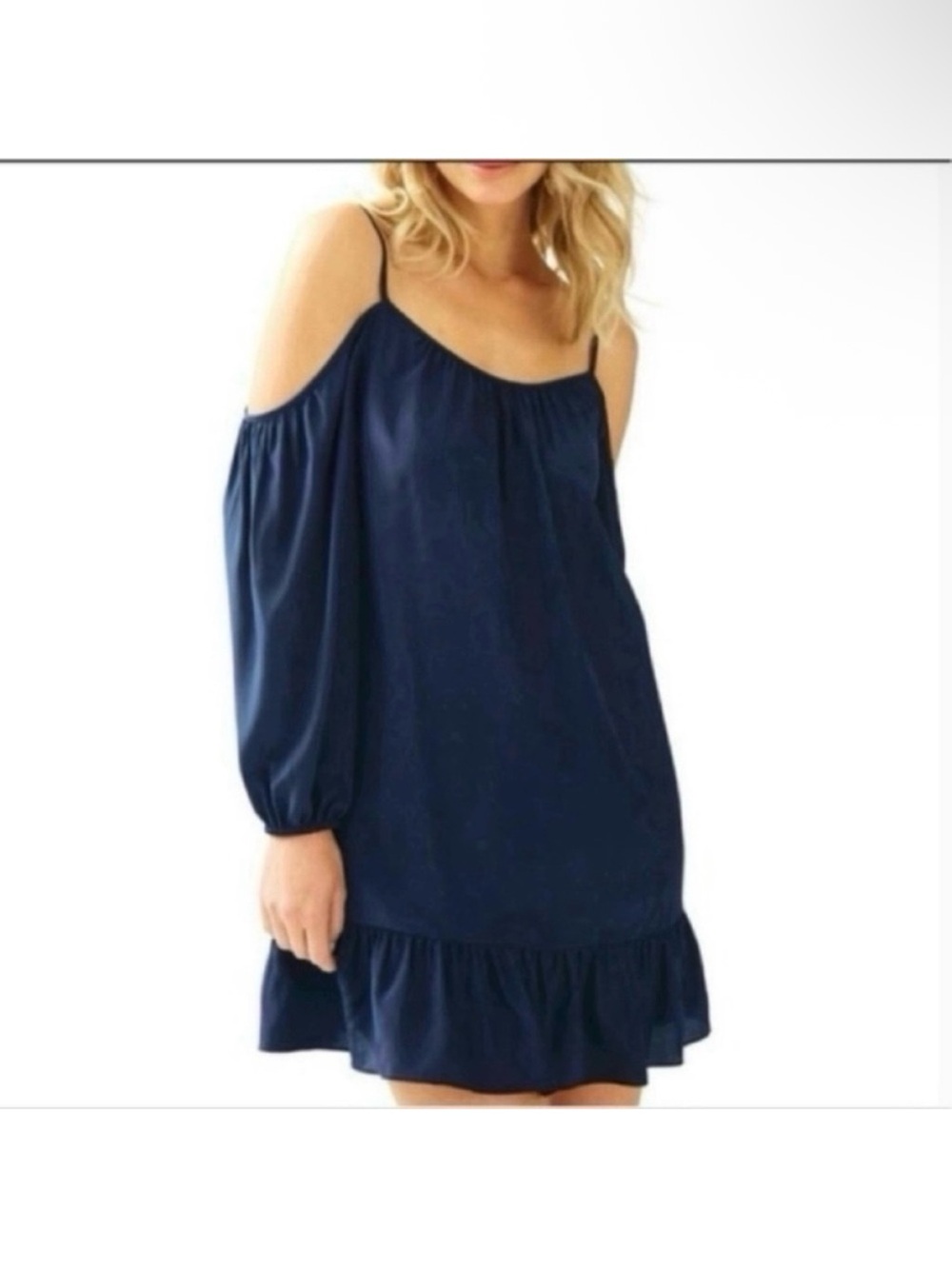Lilly Pulitzer Candice Navy Silk Open Shoulder Boho Mini Dress Ruffle Hem